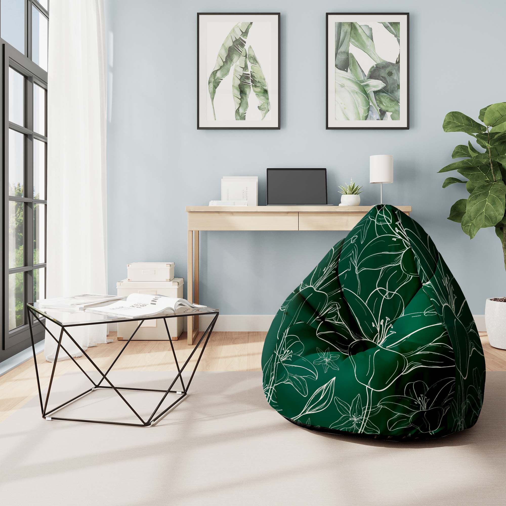 Pearshape Pouf Green Flowers-Oxford