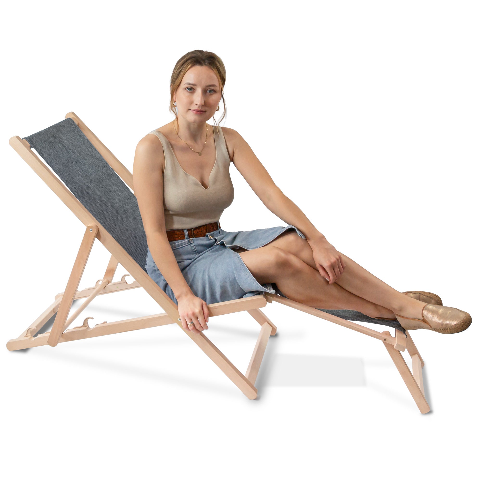 Holzliegestuhl mit Fußstütze Jeans-Imitat Iron Slate