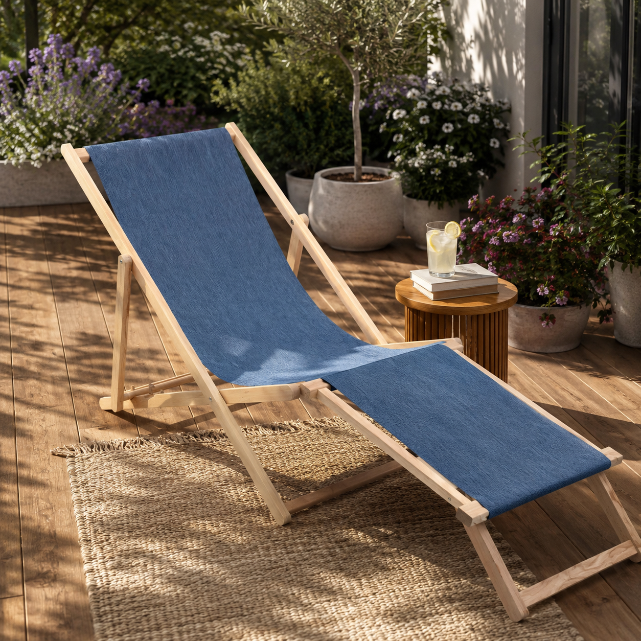 Holzliegestuhl mit Fußstütze Jeans-Imitat Sandy Dune