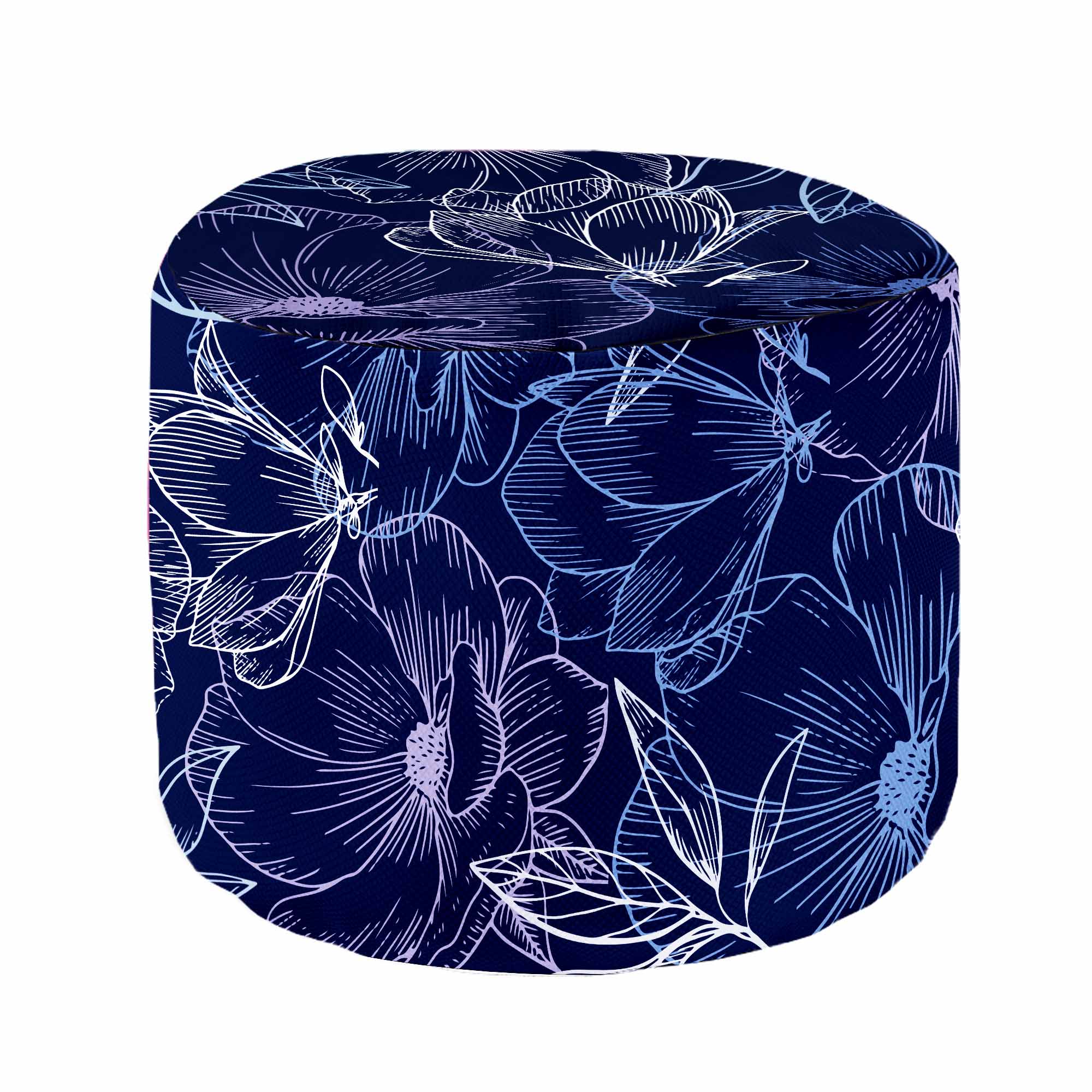 Round Pouf Footstool Navy Flowers