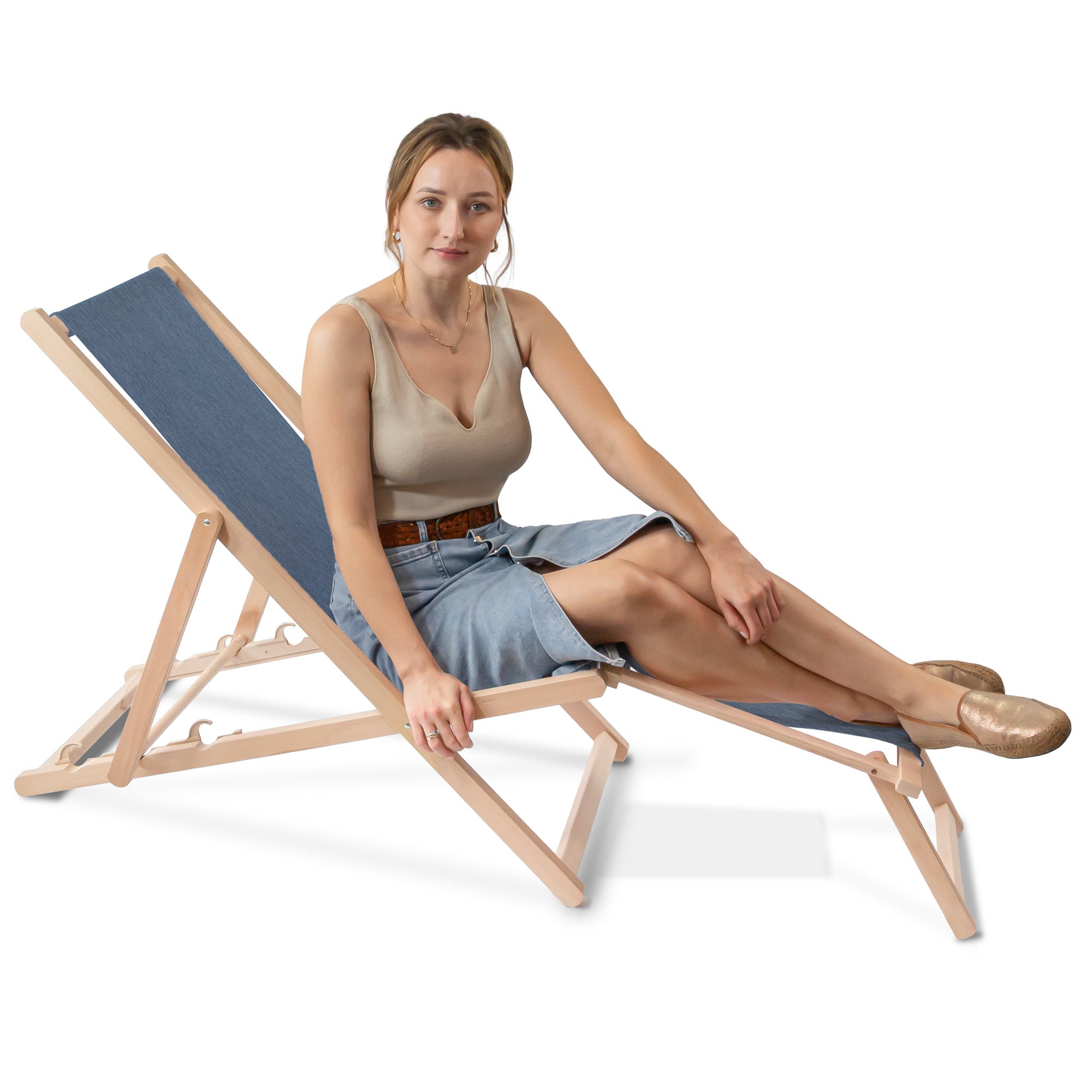 Holzliegestuhl mit Fußstütze Jeans-Imitat Nordic Blue