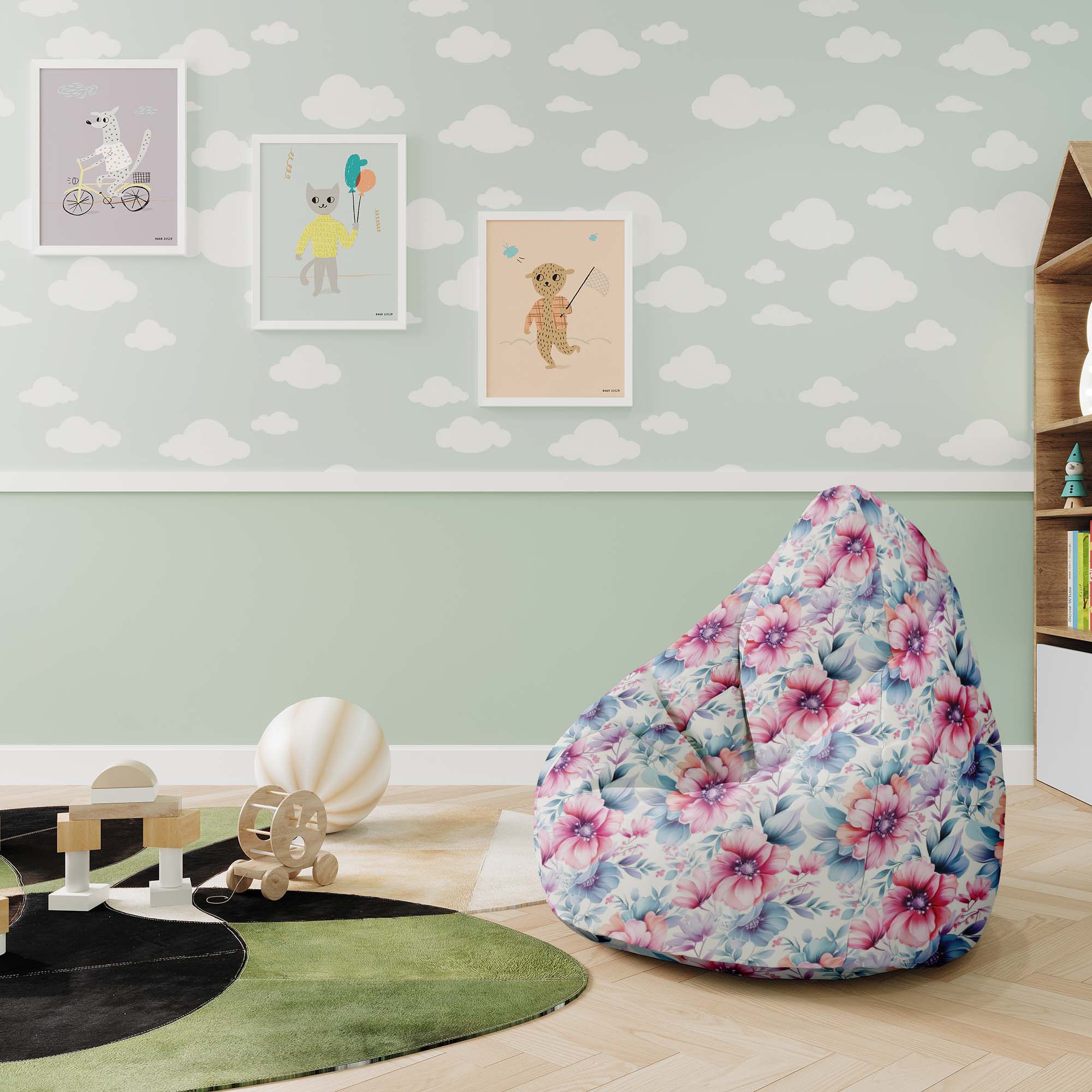 Pearshape Pouf Pastel Flowers-M-Oxford