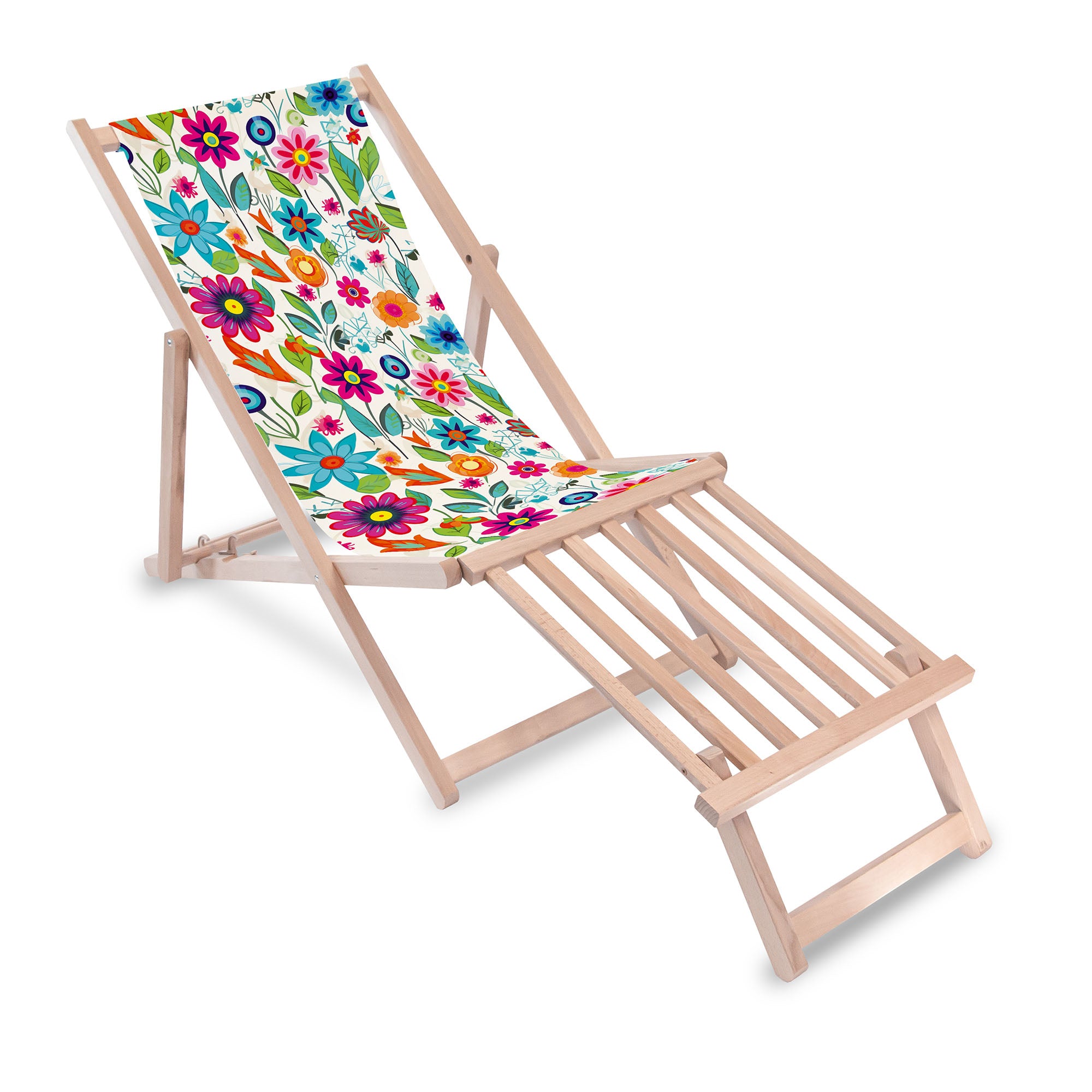 Holzliegestuhl mit Holzfußstütze Kleine Frühlingsblumen