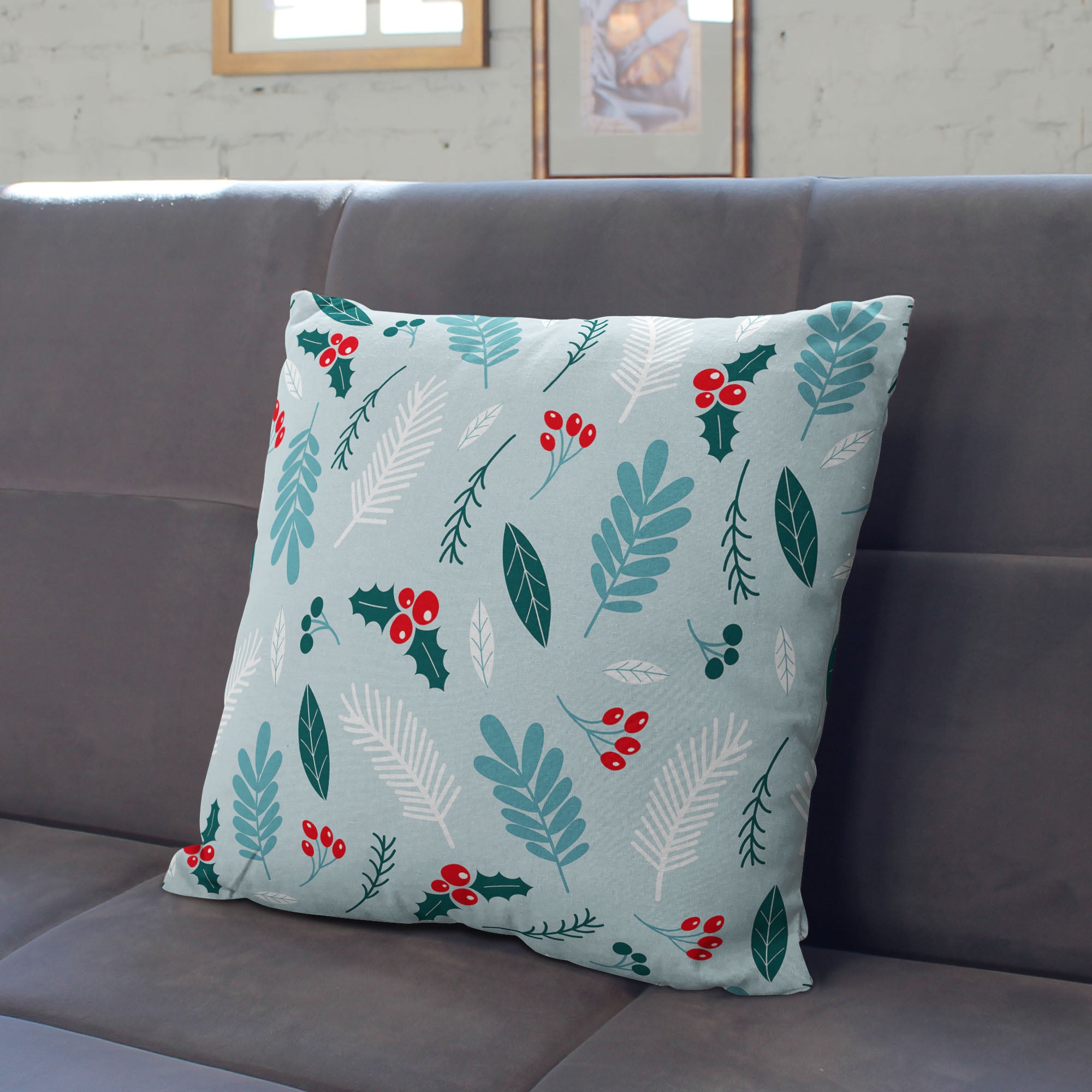 Kissen Winter Nahtloses Muster mit Stechpalmenbeeren-Panama