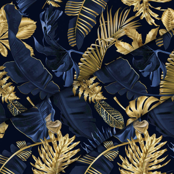 Stoff Monstera Gold Navy Blue
