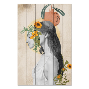 Bild auf Holz Woman with Head in Flowers