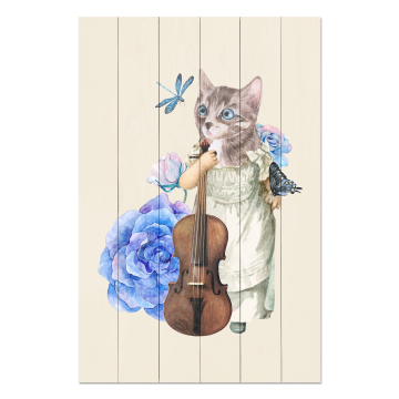 Bild auf Holz Cat with Fiddle in Flowers