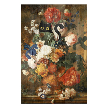 Bild auf Holz Floral still life with cat