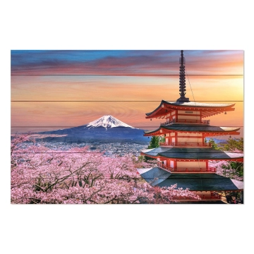 Bild auf Holz Cherry Blossoms and Fuji Mountain