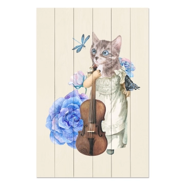 Bild auf Holz Cat with Fiddle in Flowers
