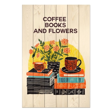 Bild auf Holz Coffee Books Flowers