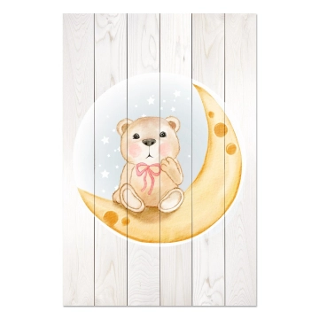 Bild auf Holz Cute Bear Sitting Moon Watercolor