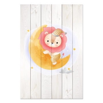 Bild auf Holz Cute Lion Sitting Moon