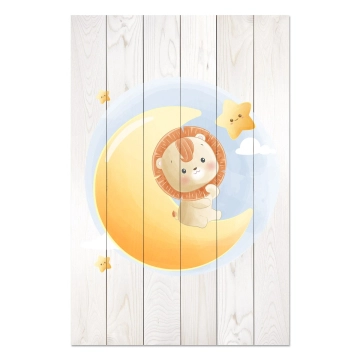 Bild auf Holz Cute Little Lion Sitting on the Moon